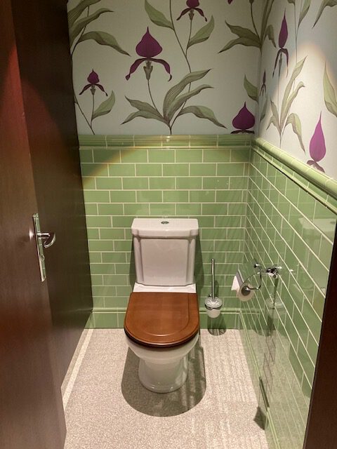 WC mit hellerm Terrazzo und grünen Wänden